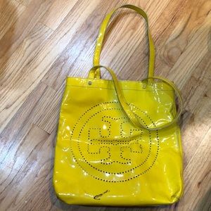 Yellow Tory Burch patent leather bag